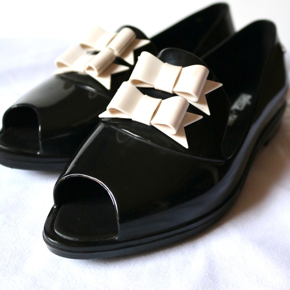 Karl Lagerfeld Melissa Collab Black Brogue Flats Bows Vegan Peep Toe Women's 7